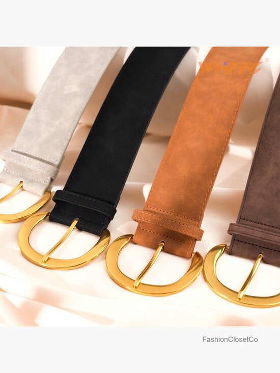 Wide Faux Suede Leather Belt with Gold C-Shaped Buckle